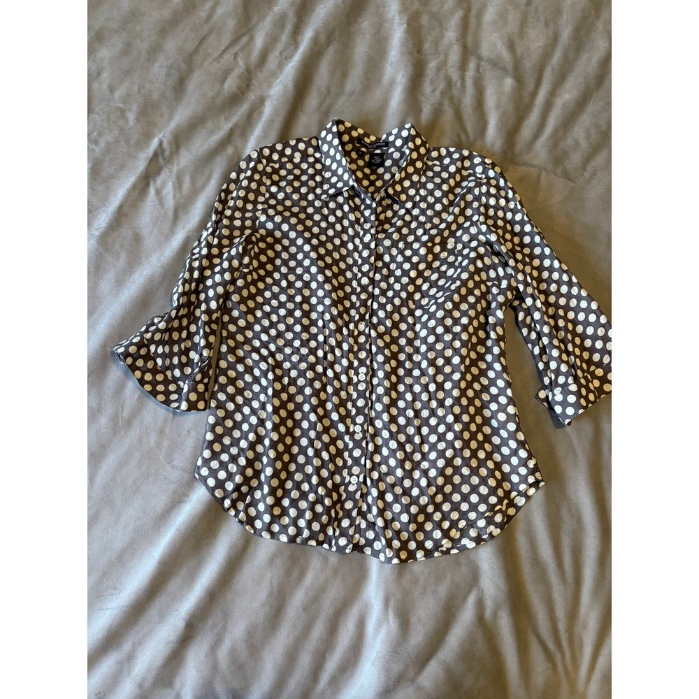 Sandra Ingrish Petites Brown Polka Dot 3/4 Sleeve Rayon Button Down Shirt LP